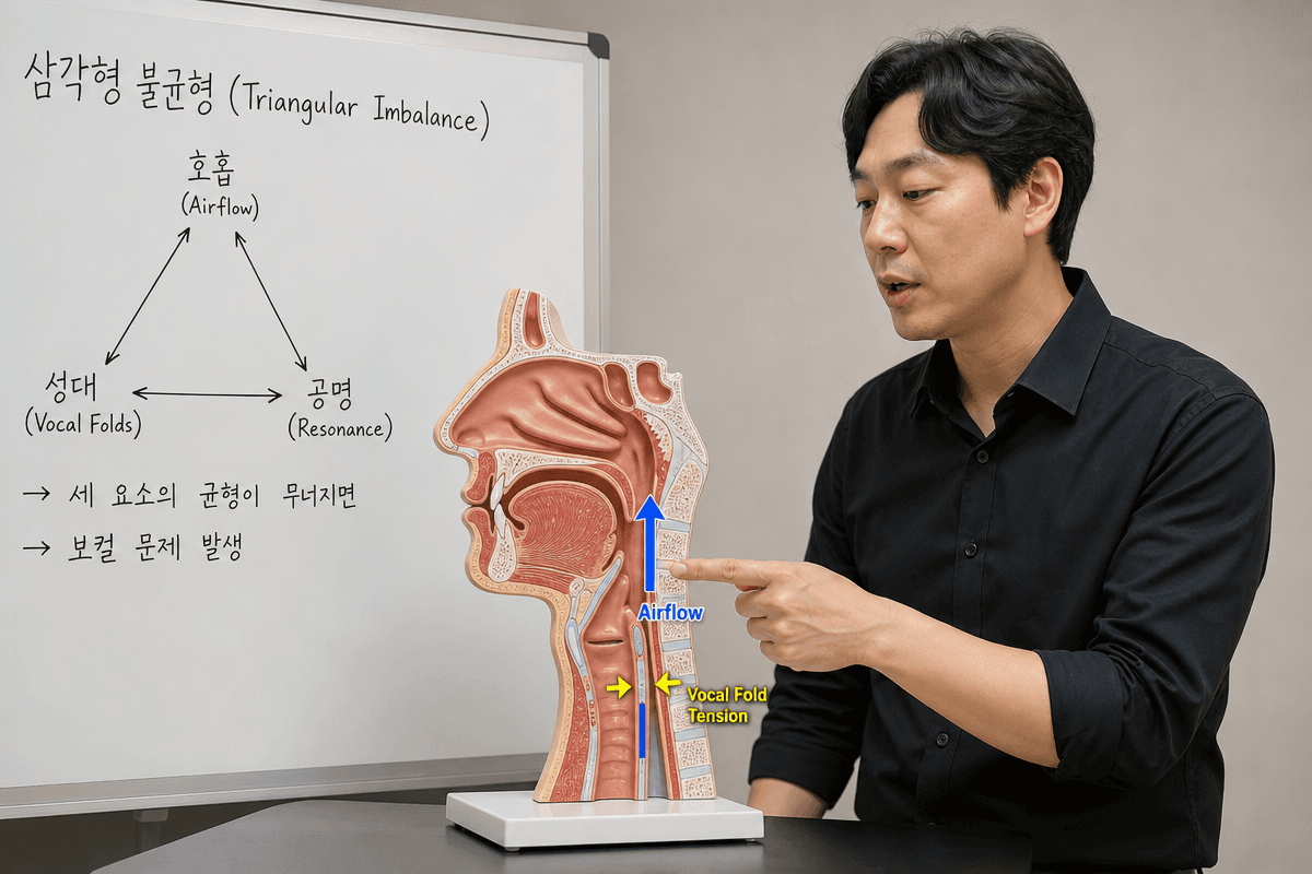 성대 긴장·호흡 압력·후두 위치의 불균형을 설명하는 보컬 강사 모습으로 진성 가성 연결 원리 시각화