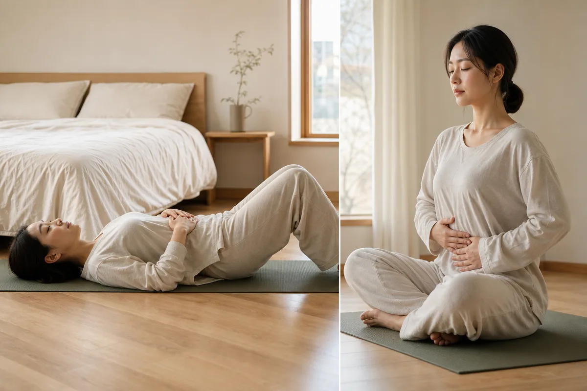 조용한 침실에서 복식호흡법을 누운 자세와 앉은 자세로 연습하는 모습