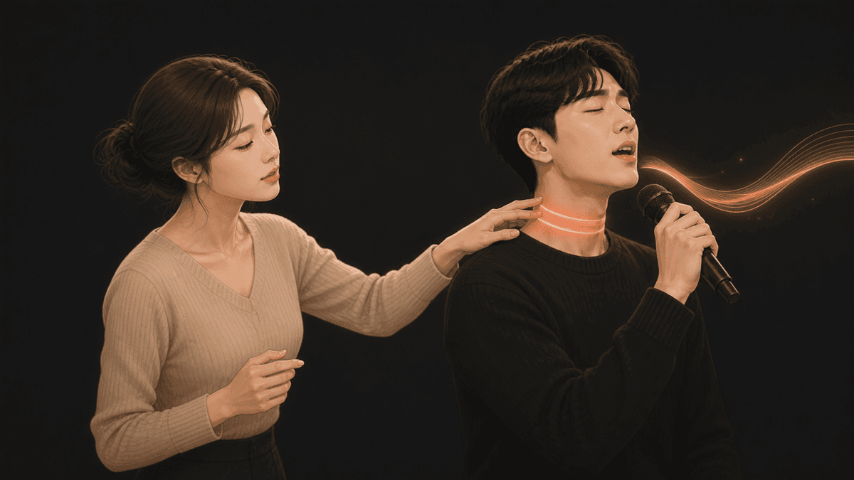 강사가 수강생의 목 주변 긴장을 살피는 보컬 레슨 장면