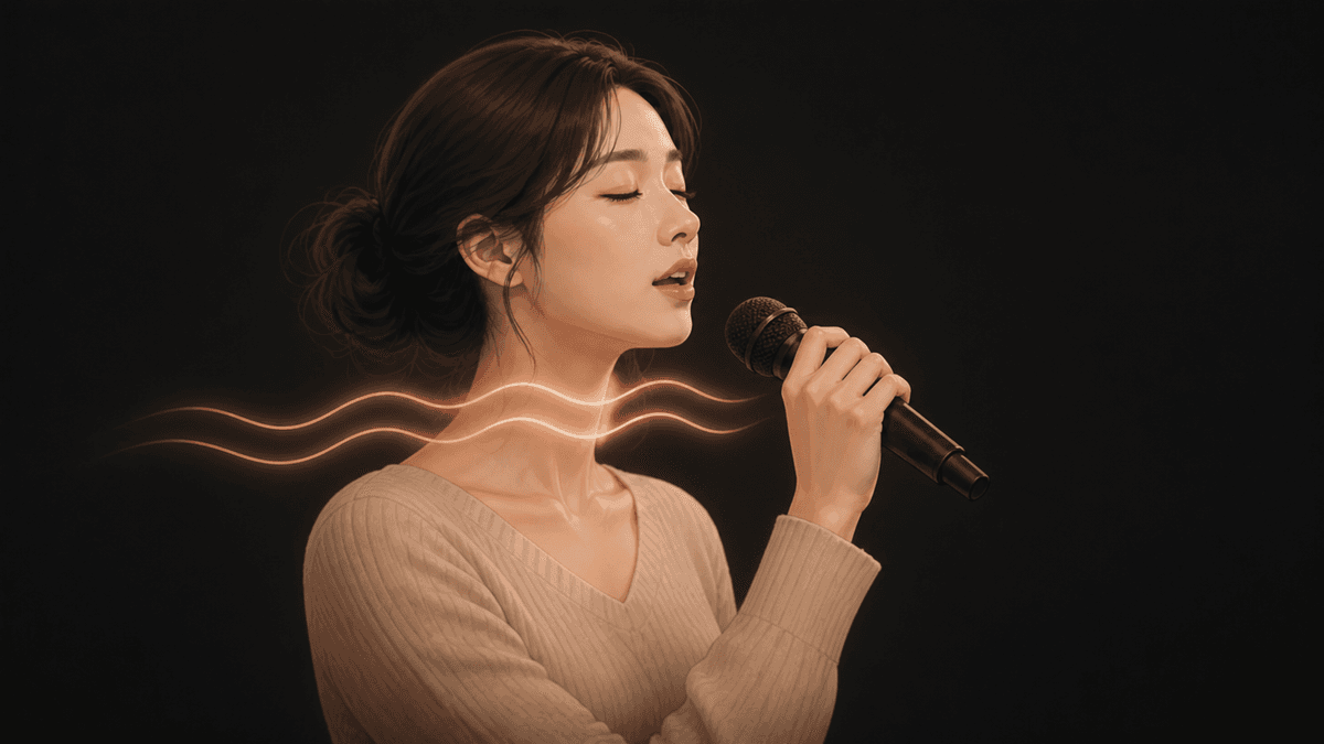 마이크로 노래하는 여성 수강생과 목 주변을 지나는 음파 일러스트