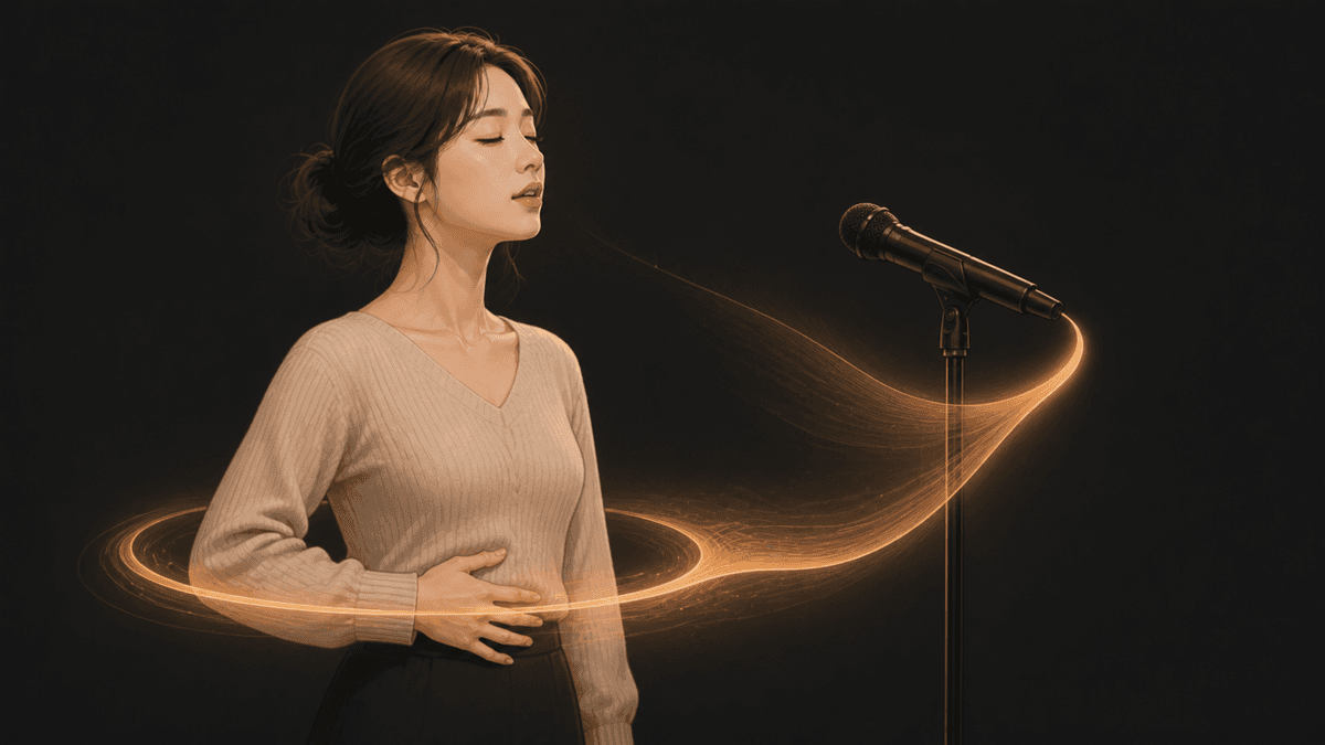 배에 손을 얹고 마이크 앞에서 호흡을 조절하는 여성 수강생