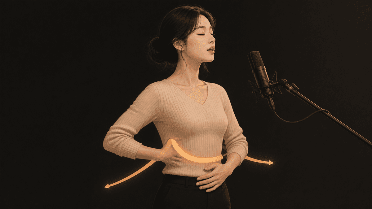배에 손을 대고 호흡하는 여성 수강생과 복부를 따라 움직이는 화살표