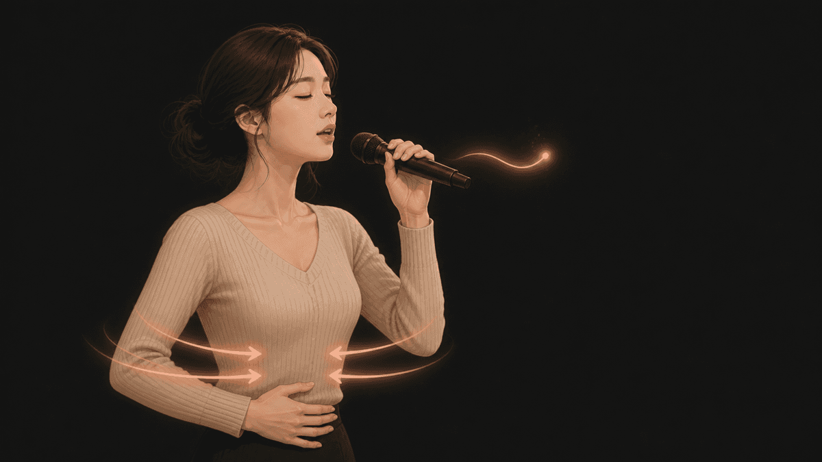 배에 손을 대고 숨을 들이마시는 여성 수강생과 몸통을 향하는 화살표