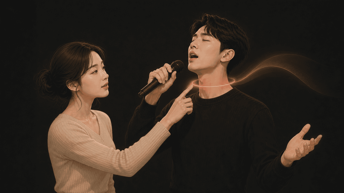 강사가 고음을 부르는 수강생의 목 주변 힘을 점검하는 보컬 레슨 장면