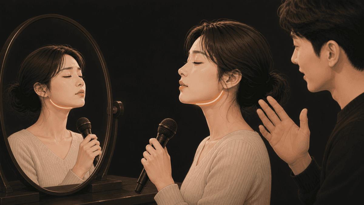 거울 앞에서 노래하는 여성 수강생의 턱 위치를 강사가 교정하는 장면