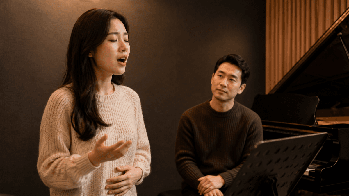 한국인 성인 수강생이 편안한 중저음을 길게 부르고 강사가 소리를 듣는 장면