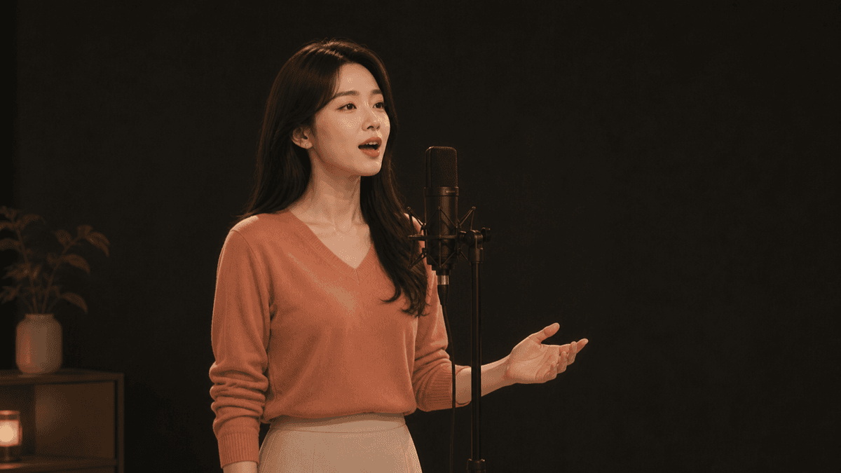 마이크 앞에 서서 편안한 자세로 성악 구절을 부르는 한국인 성인 수강생