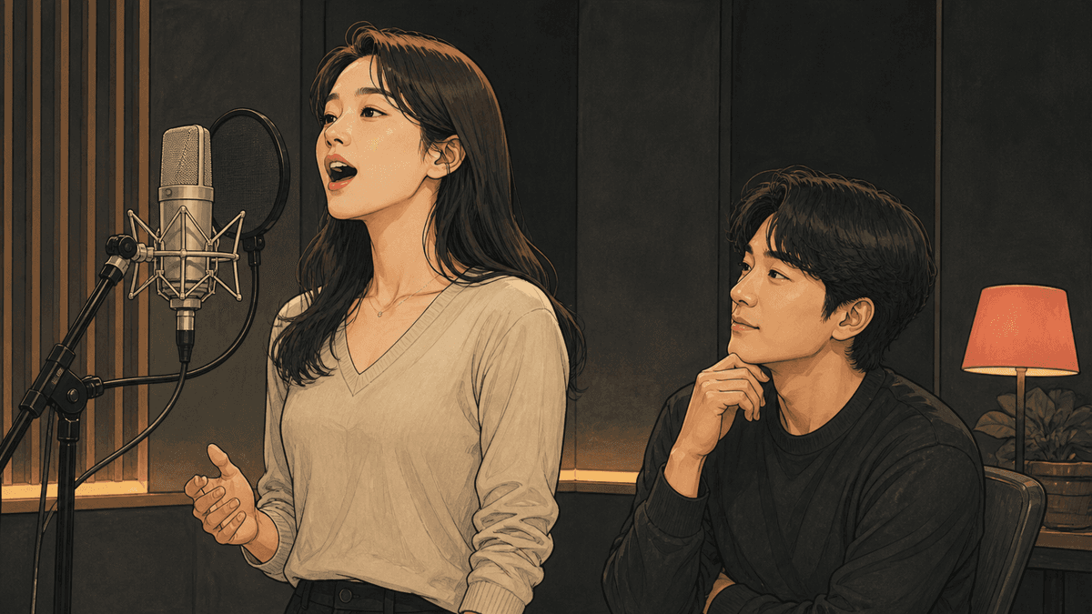 세련된 보컬 스튜디오에서 한국인 성인 수강생과 강사가 진행하는 열린 소리 연습 일러스트
