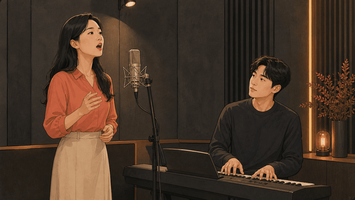 세련된 보컬 스튜디오에서 한국인 성인 수강생과 강사가 진행하는 커버링 연습 일러스트