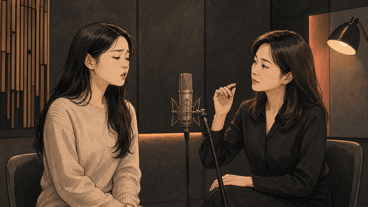 세련된 보컬 스튜디오에서 한국인 성인 수강생과 강사가 진행하는 먹는 소리 연습 일러스트