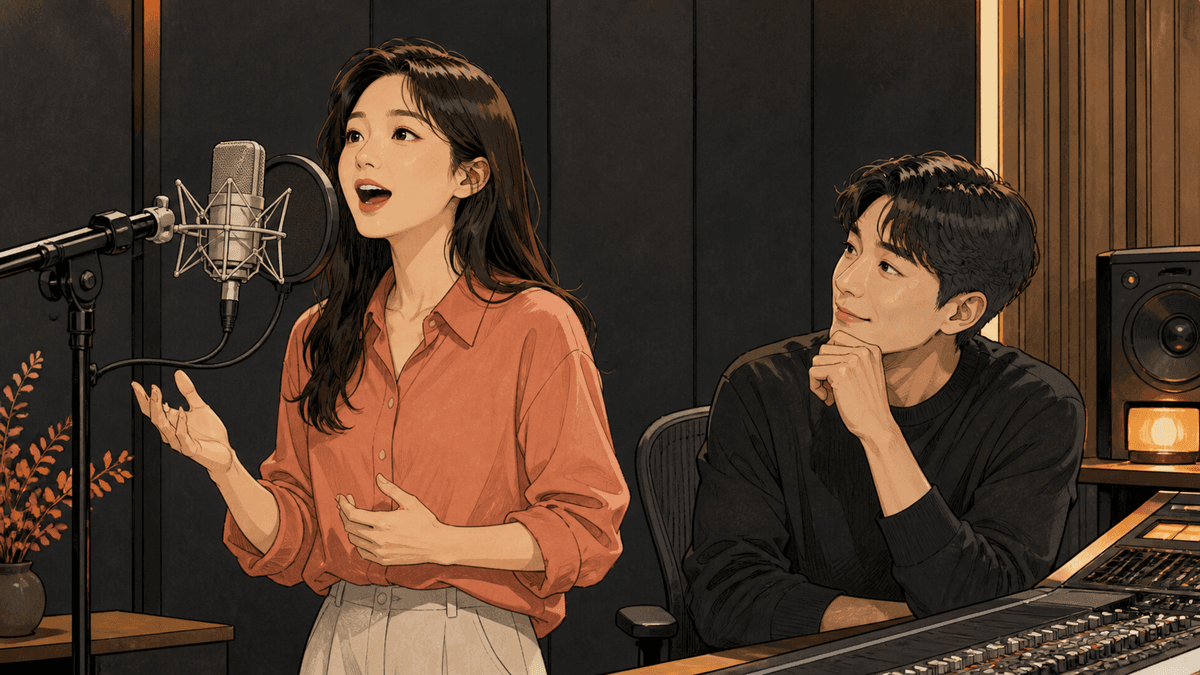 세련된 보컬 스튜디오에서 한국인 성인 수강생과 강사가 진행하는 쨍한 소리 연습 일러스트