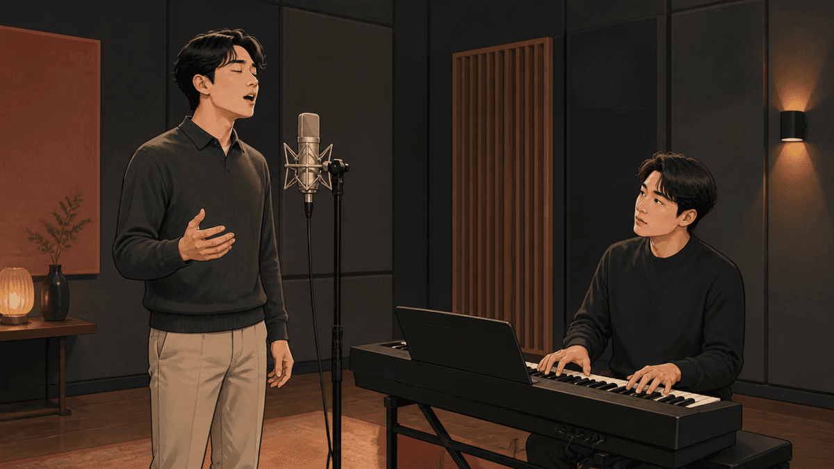 세련된 보컬 스튜디오에서 한국인 성인 수강생과 강사가 진행하는 무거운 소리 연습 일러스트