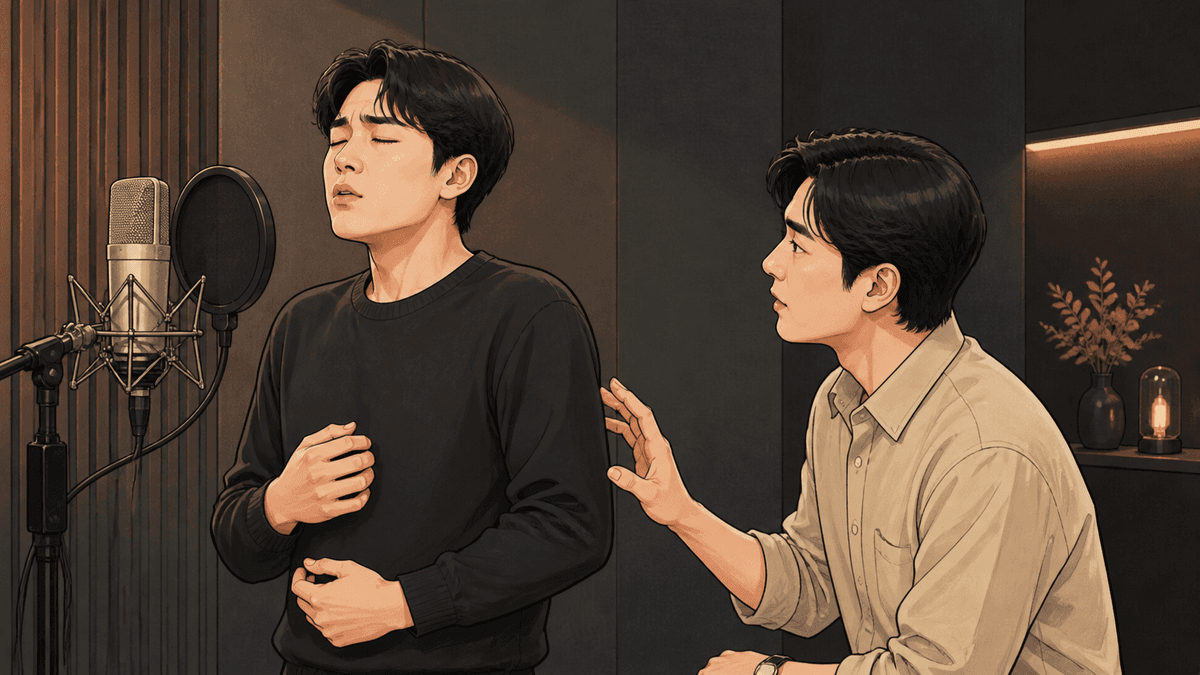 세련된 보컬 스튜디오에서 한국인 성인 수강생과 강사가 진행하는 눌린 소리 연습 일러스트