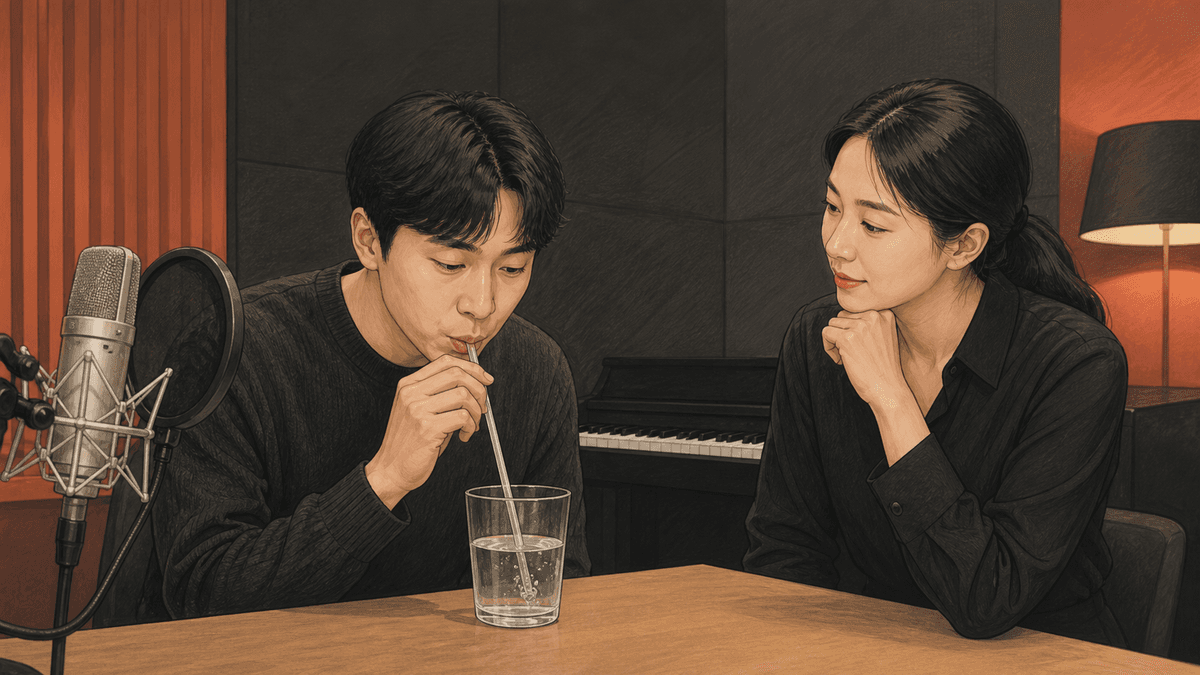 세련된 보컬 스튜디오에서 한국인 성인 수강생과 강사가 진행하는 물빨대 발성 연습 일러스트