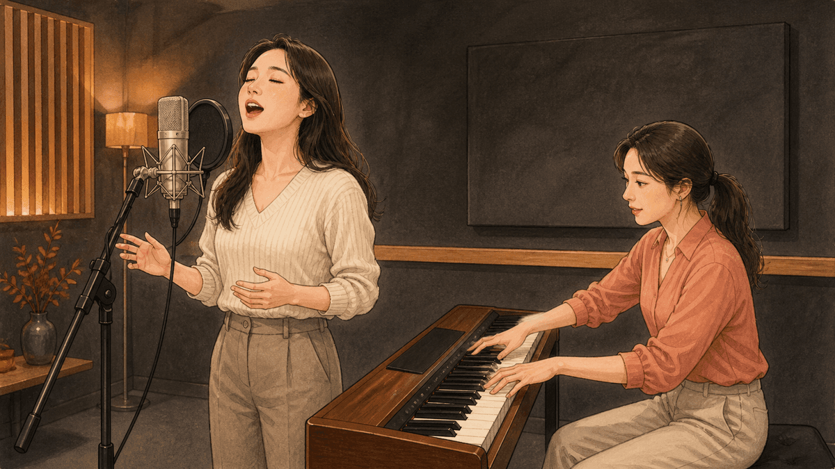 세련된 보컬 스튜디오에서 한국인 성인 수강생과 강사가 진행하는 글리산도 연습 일러스트