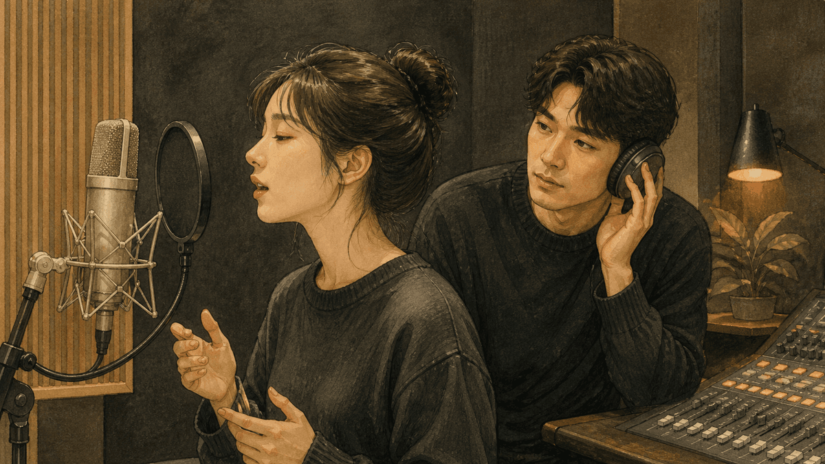 세련된 보컬 스튜디오에서 한국인 성인 수강생과 강사가 진행하는 그로울 연습 일러스트