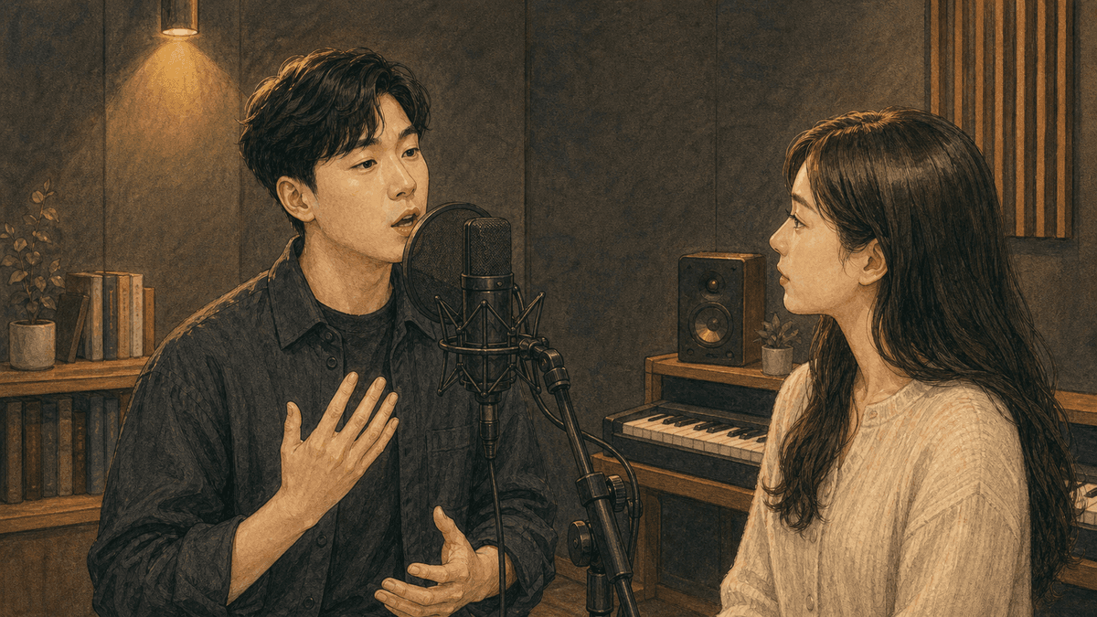 세련된 보컬 스튜디오에서 한국인 성인 수강생과 강사가 진행하는 프라이 스크림 연습 일러스트