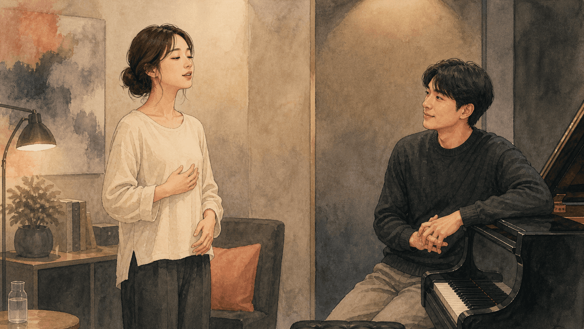 세련된 보컬 스튜디오에서 한국인 성인 수강생과 강사가 진행하는 쿨다운 연습 일러스트