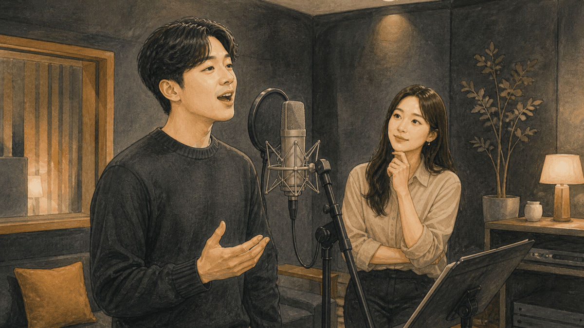 세련된 보컬 스튜디오에서 한국인 성인 수강생과 강사가 진행하는 쇳소리 연습 일러스트