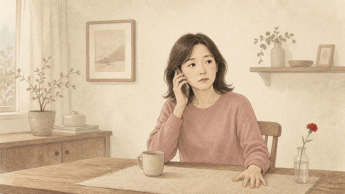 밝은 식탁에 앉아 휴대전화로 통화하다 잠시 말을 멈춘 여성