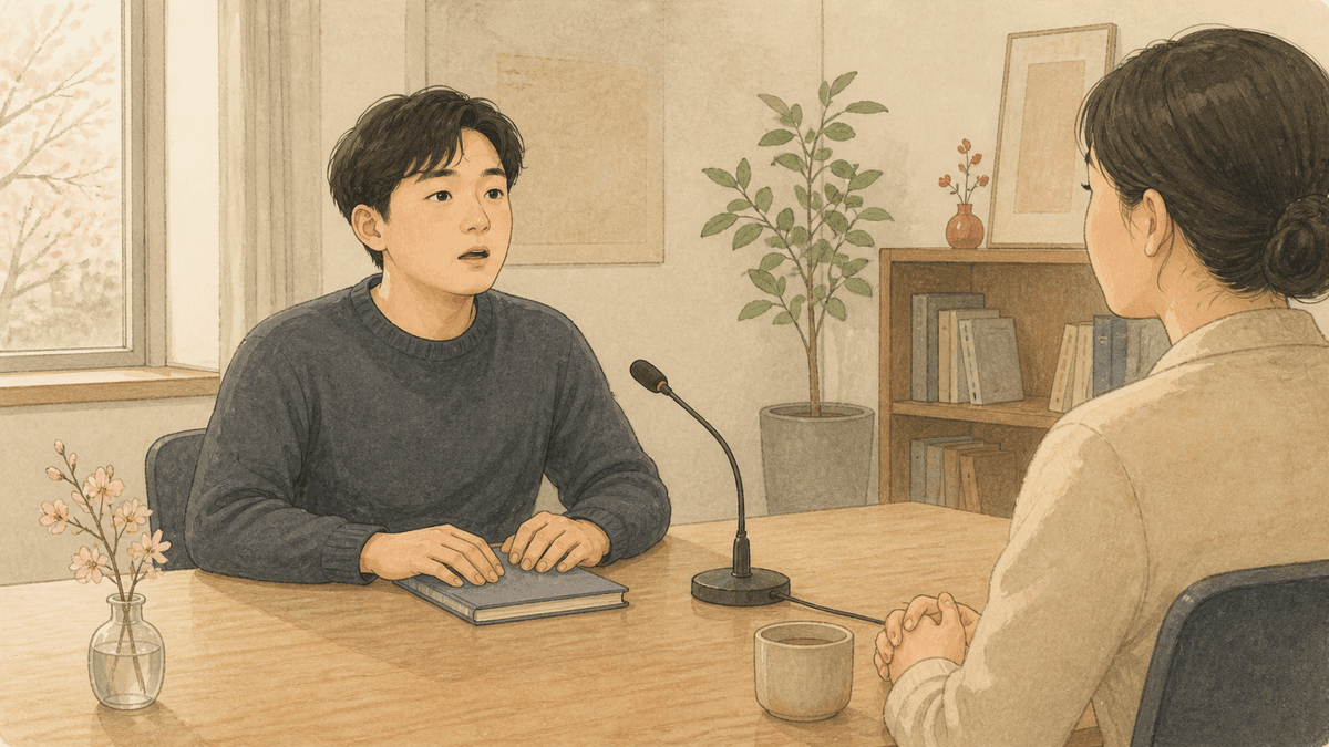 책과 마이크가 놓인 책상에서 남성이 맞은편 여성에게 힘겹게 말하는 모습
