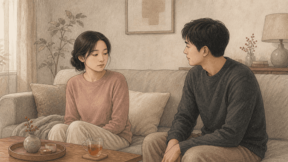 소파에 앉은 여성이 찻잔 앞에서 남성과 조용히 대화하는 모습