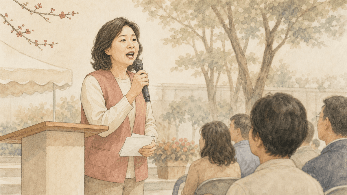 창가 행사장에서 여성이 마이크를 쥐고 목에 힘을 준 채 말하는 모습
