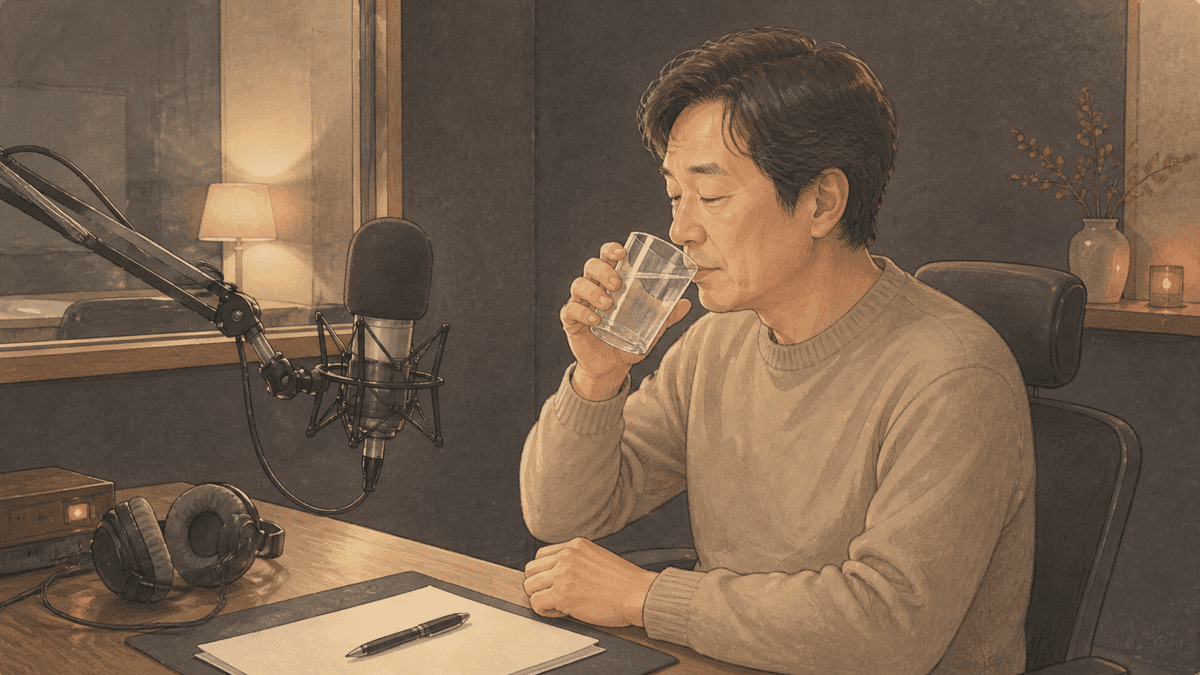 방송 장비가 놓인 스튜디오에서 중년 남성이 물을 마시며 잠시 쉬는 모습