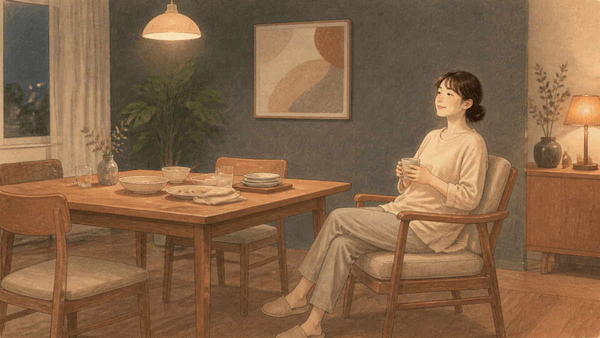저녁 식사가 놓인 식탁 옆에서 여성이 등을 세우고 의자에 앉아 쉬는 모습