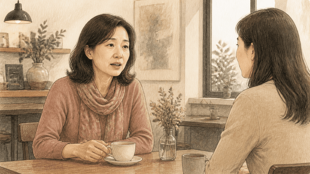 카페에서 중년 여성이 찻잔을 앞에 두고 맞은편 사람에게 힘겹게 말하는 모습
