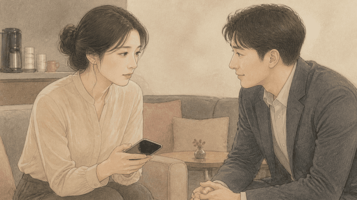 거실 소파에서 여성이 휴대전화 화면을 남성에게 보여 주며 대화를 이어 가는 모습