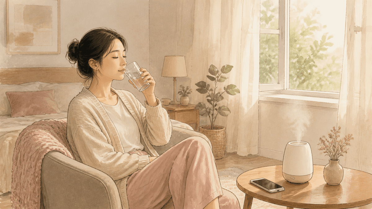 창가 의자에 앉은 여성이 물을 마시고 옆 탁자에서는 작은 가습기가 작동하는 모습