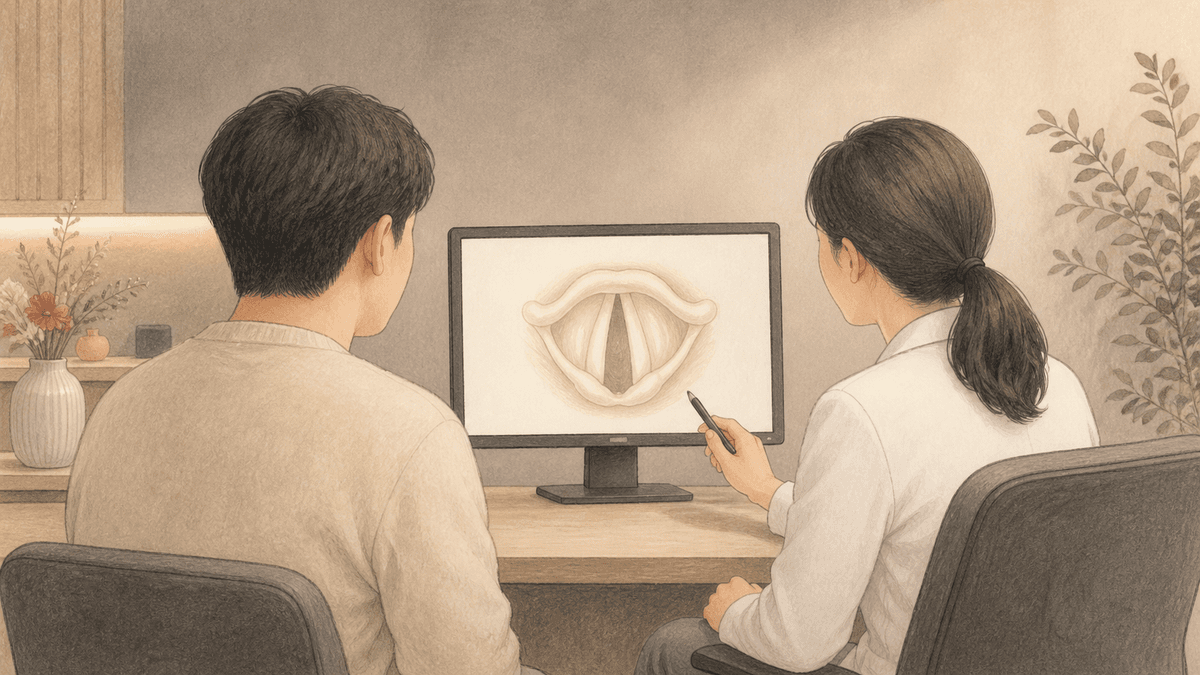 의료진과 환자가 나란히 앉아 화면에 크게 나온 성대 모습을 함께 살펴보는 모습