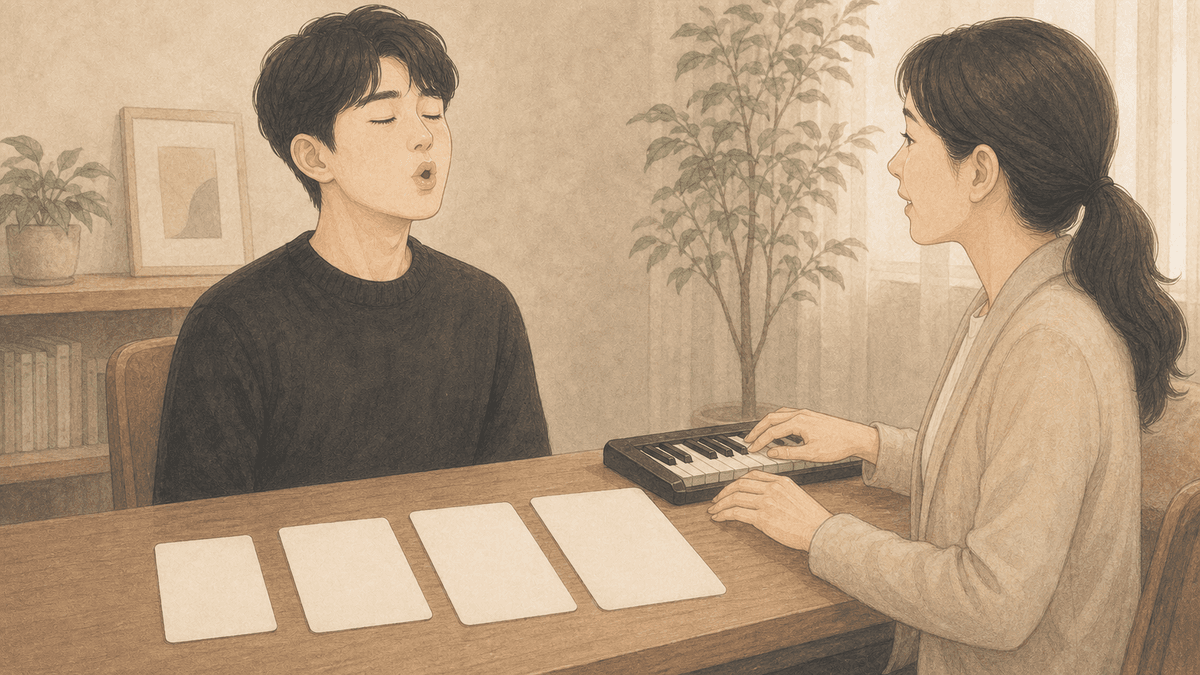 입술을 둥글게 모아 소리를 이어 내고 작은 건반으로 음을 짚어 주는 음성기능훈련 장면