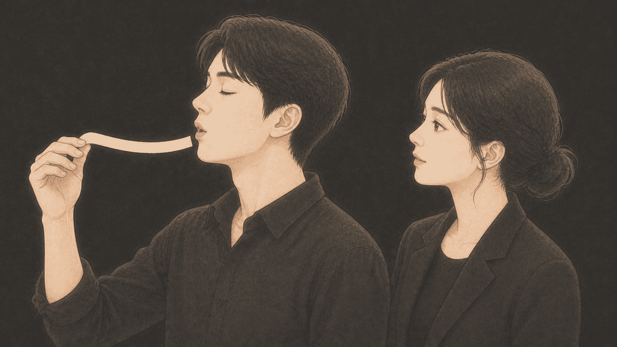 부드럽게 소리를 내며 입 앞의 얇은 종이 띠가 일정하게 휘어지는 모습을 살피는 장면