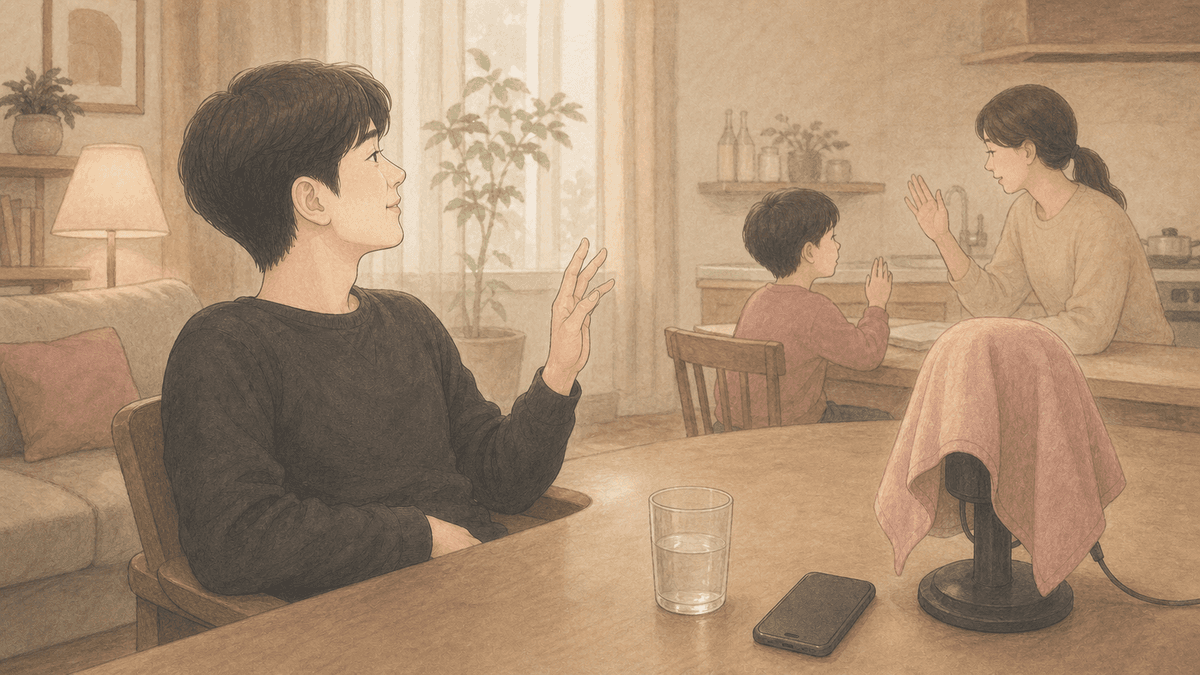 마이크를 덮어 두고 집에서 쉬면서 가족과 짧은 손짓으로 소통하는 상대적 음성휴식 장면