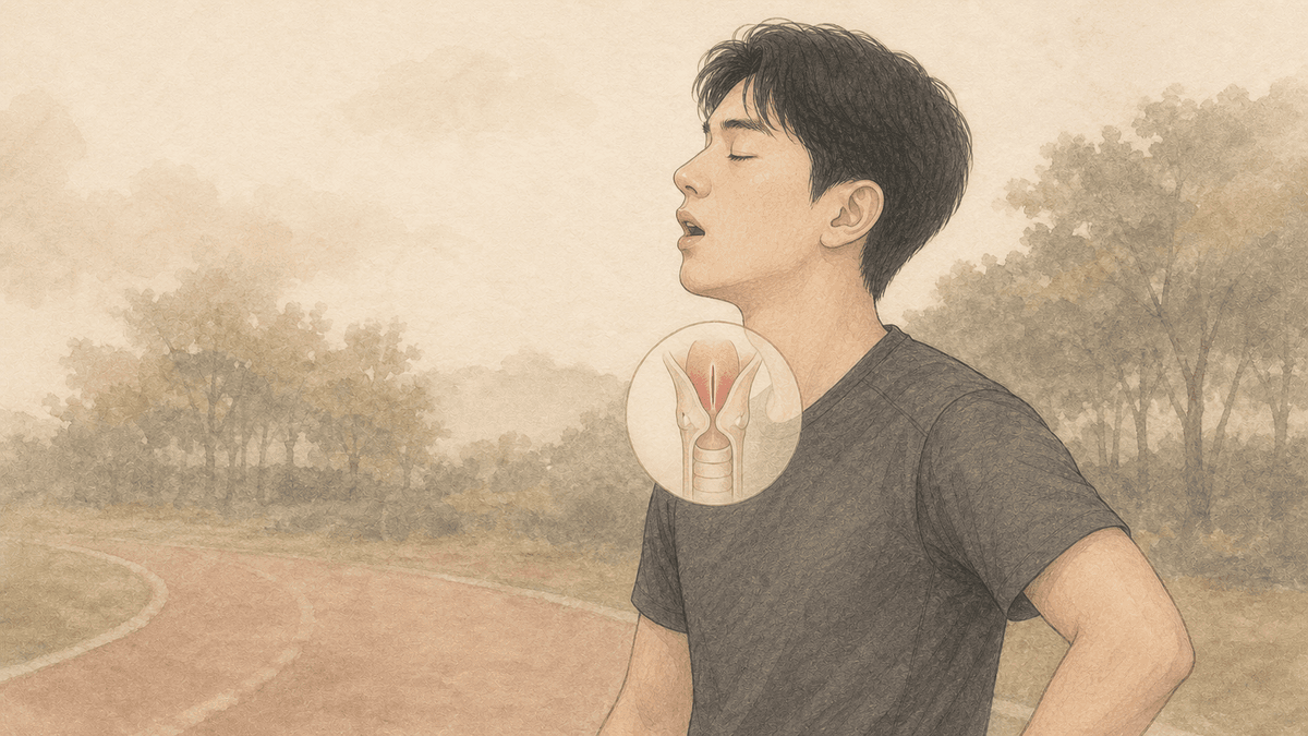 달리기를 멈추고 호흡을 가다듬는 사람과 일시적으로 좁아진 후두 입구를 함께 보여 주는 그림