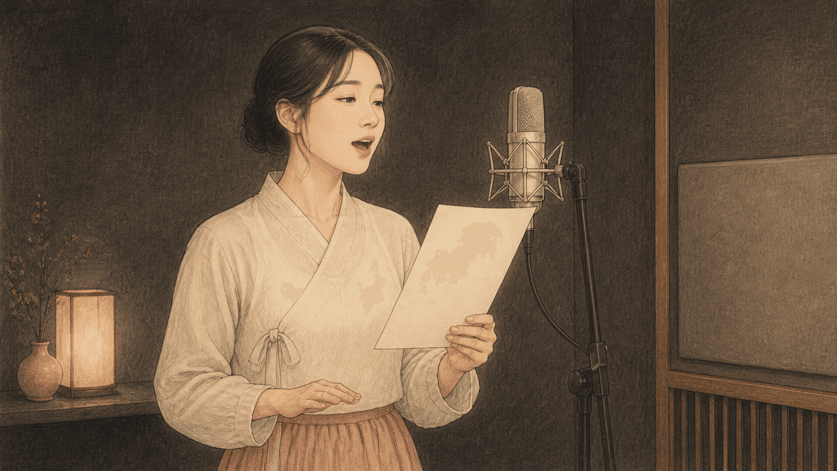 악보를 보며 마이크 앞에서 발음을 다듬는 가수