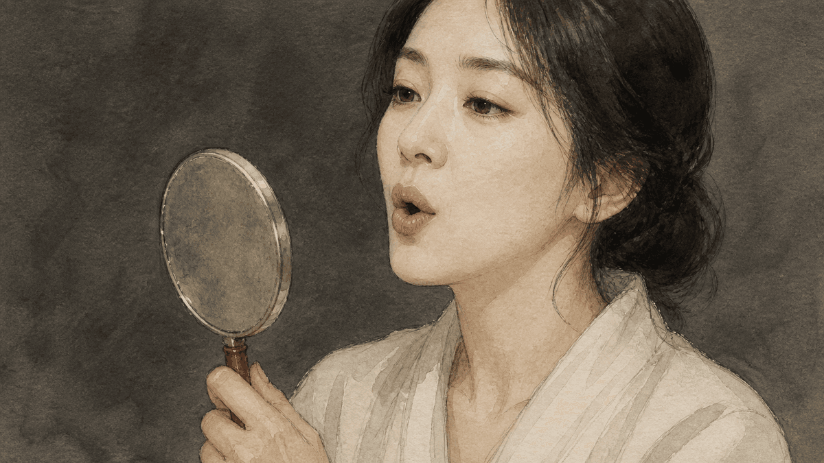 거울을 보며 둥근 모음 입술 모양을 연습하는 가수