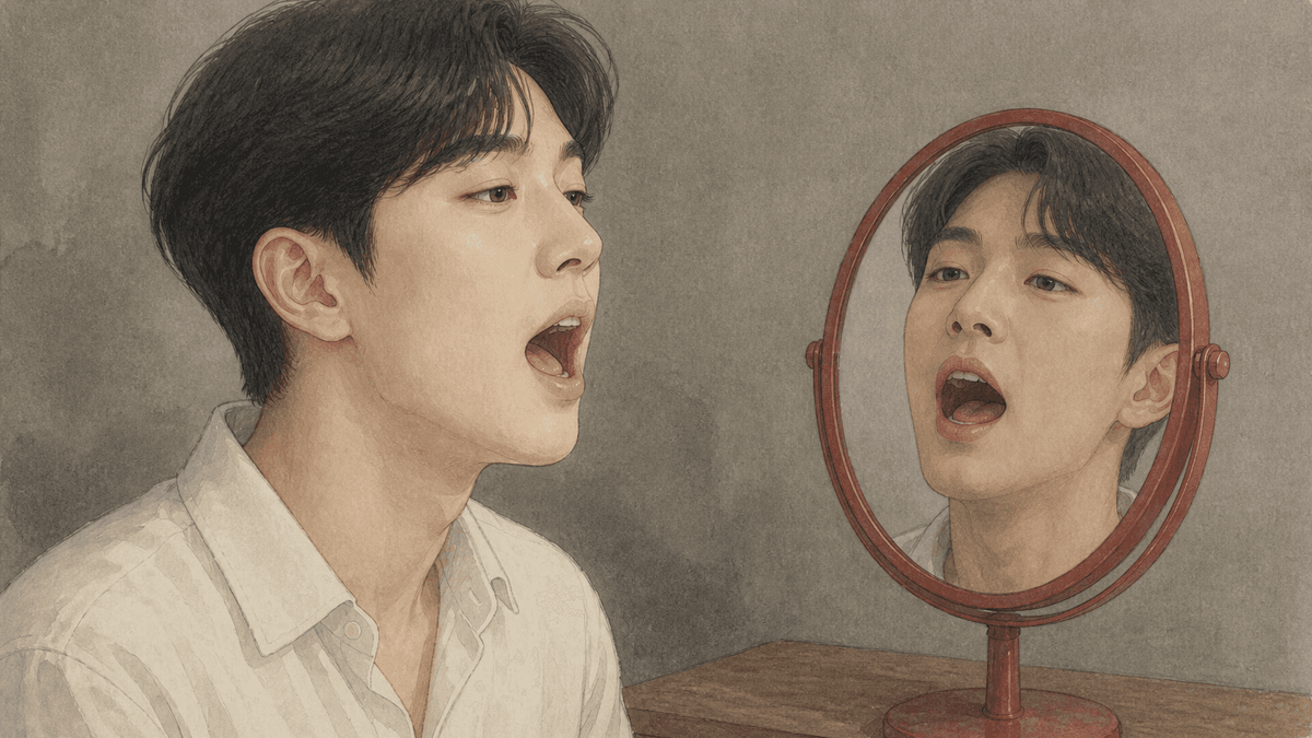 거울을 보며 혀를 편안하게 둔 채 모음을 연습하는 가수