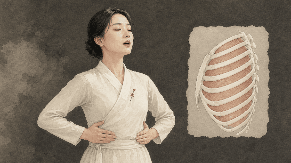 아래 갈비뼈에 손을 대고 호흡을 느끼는 가수와 늑간근 모형