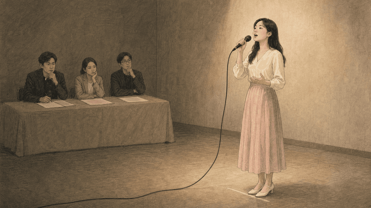 대학 보컬 입시 실기실에서 평가위원 앞에 서서 노래하는 지원자 일러스트