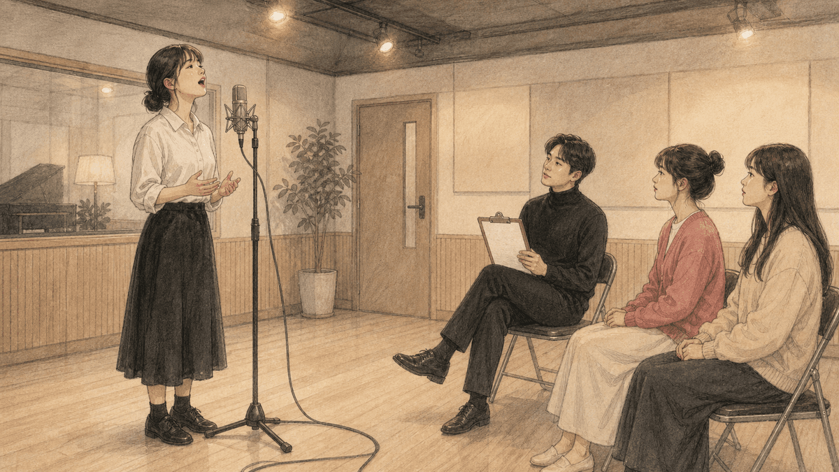 교실을 시험장처럼 꾸미고 모의 실기를 치르는 보컬 입시생 일러스트