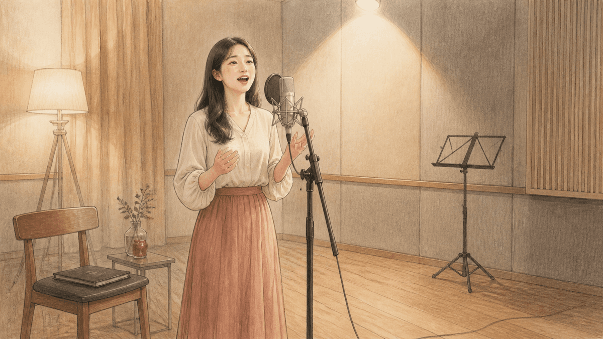 악보 없이 외운 노래를 연습실에서 부르는 보컬리스트 일러스트