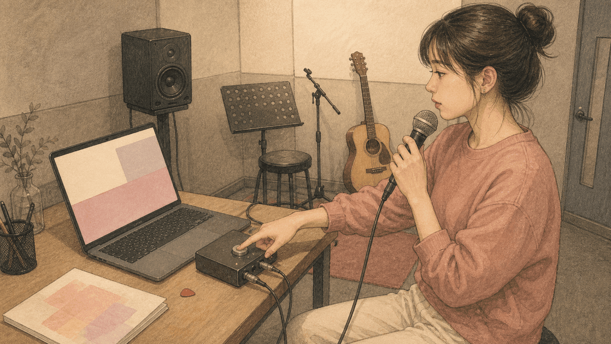 반주 음원을 재생한 뒤 마이크를 들고 노래를 준비하는 보컬리스트 일러스트