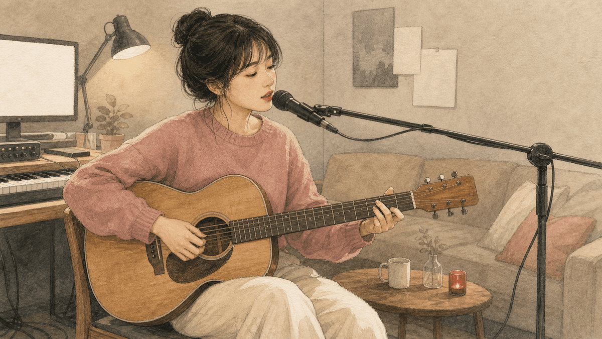 어쿠스틱 기타를 직접 연주하며 붐 마이크에 노래하는 싱어송라이터 일러스트