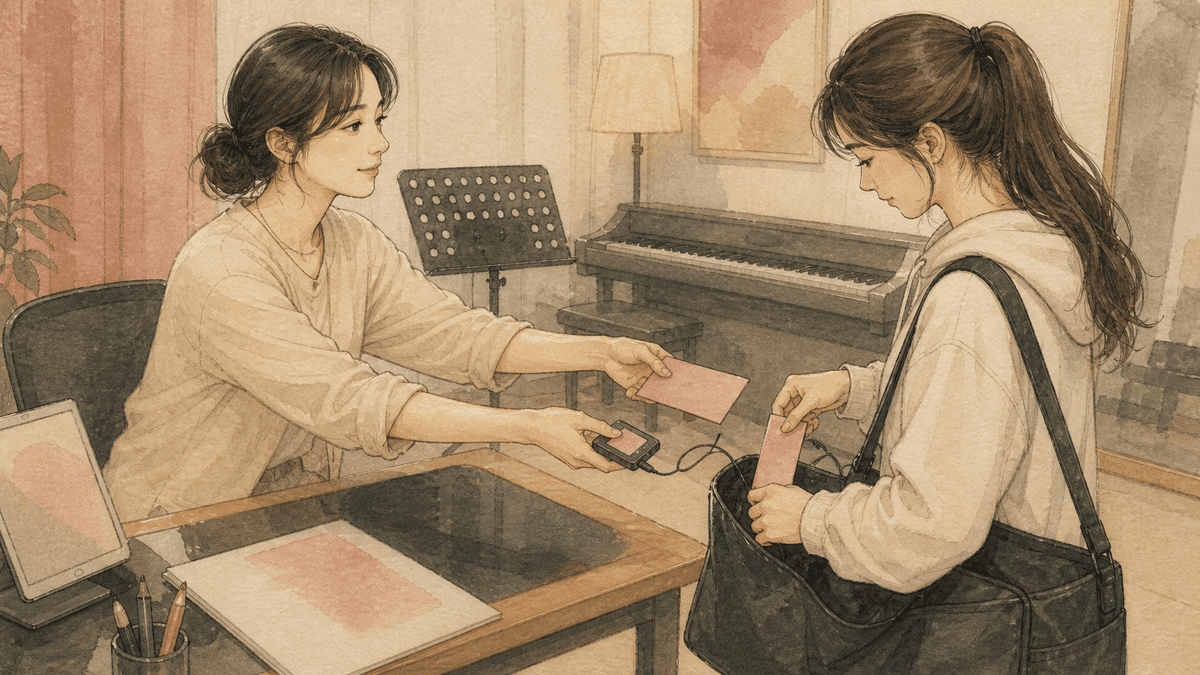 교사가 지정한 연습곡 자료를 받아 다음 연습을 준비하는 학생 일러스트