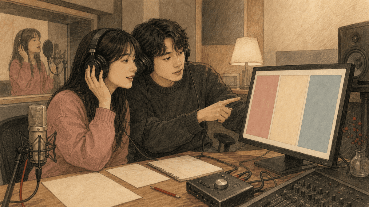 서로 다른 곡을 짧게 불러 녹음한 뒤 코치와 비교해 고르는 보컬리스트 일러스트