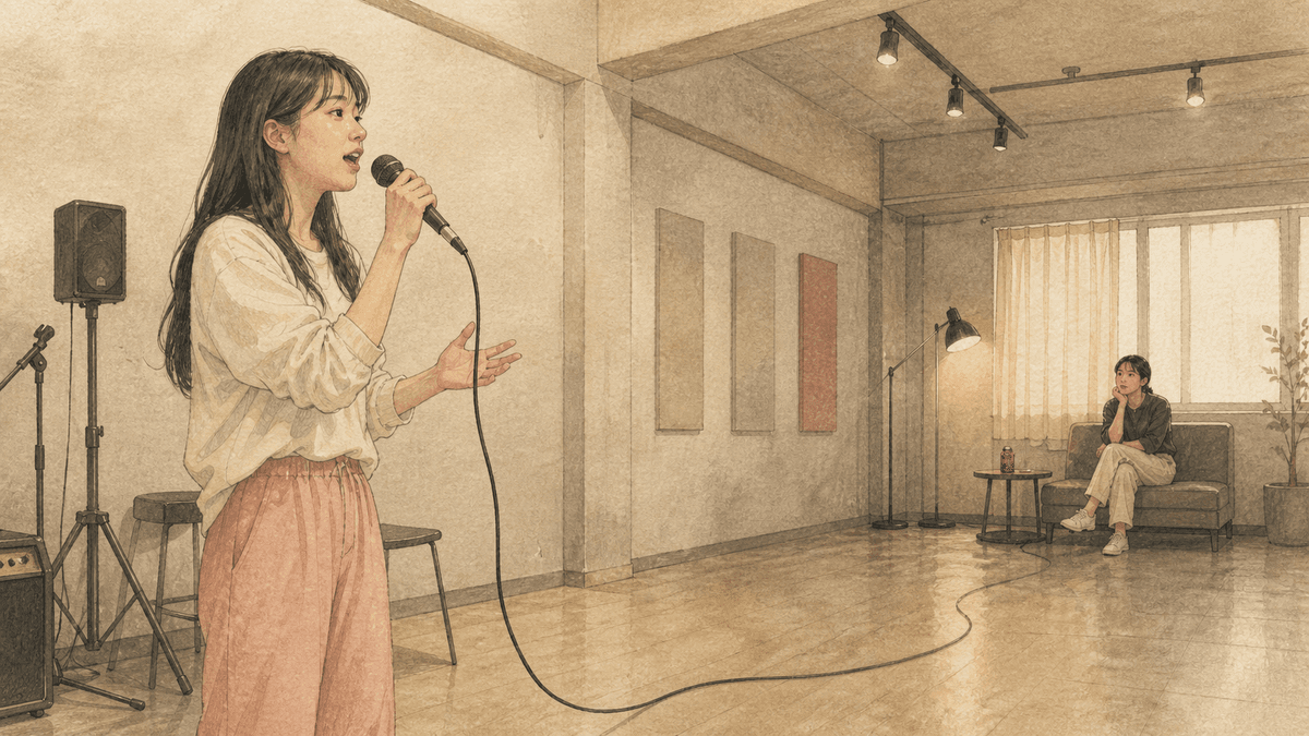 가사의 뜻이 잘 들리도록 마이크 앞에서 또렷하게 노래하는 가수 일러스트
