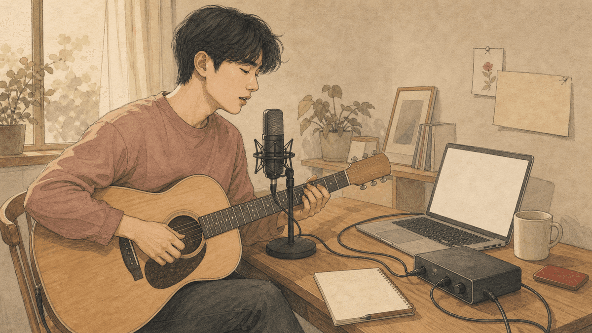 작은 홈 스튜디오에서 기타와 간단한 장비로 노래 아이디어를 녹음하는 장면 일러스트